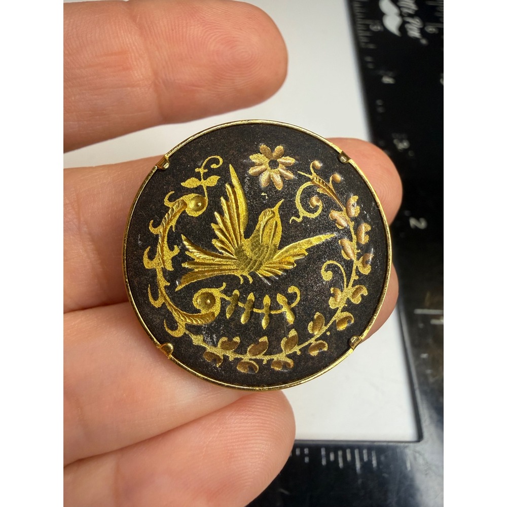 Vintage Damascene Bird Brooch Gold Tone Black Round Floral Pin 1.25 Inch